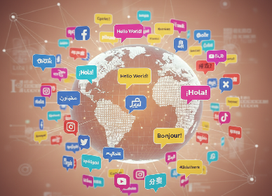 A vibrant illustration of a globe encircled by colorful speech bubbles and popular social media icons, all displaying greetings and terms in various languages, symbolizing global communication and multilingual content strategies.