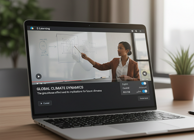 A laptop displaying an e-learning video lecture on "Global Climate Dynamics," featuring a female instructor pointing to a whiteboard. The video player shows subtitling options for different languages, including English, Spanish, Arabic, and Chinese, highlighting multilingual e-learning solutions.