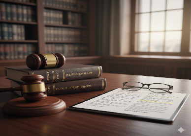 A professional legal setting featuring a wooden gavel, stacked law books titled "International Law" and "Global Jurisprudence," and a document with highlighted legal clauses alongside glasses. This setup highlights the meticulous nature of legal localization and translation services.